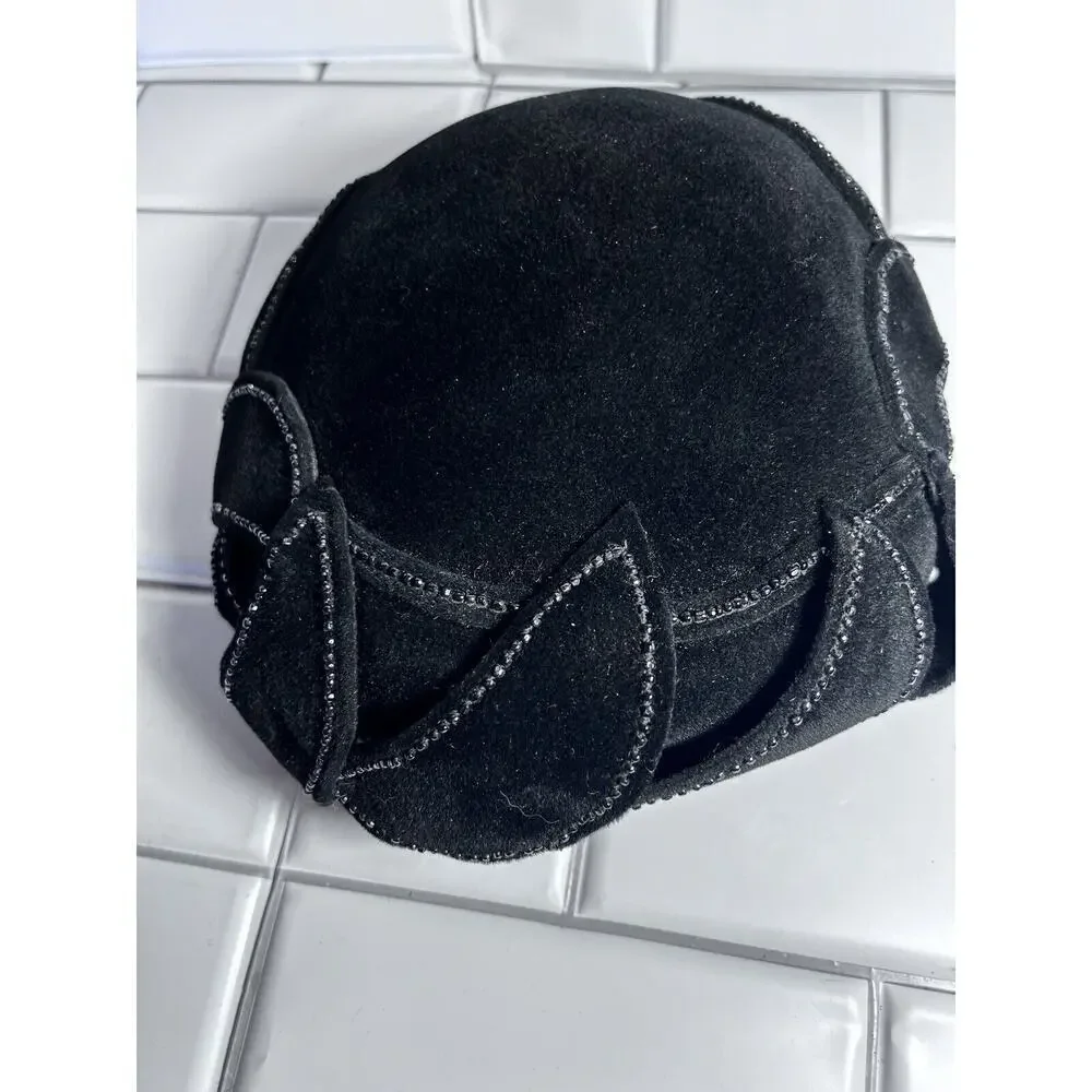 Helen Joyce Original New York Black Velour Vintage Hat With Rhinestones Fle’chet